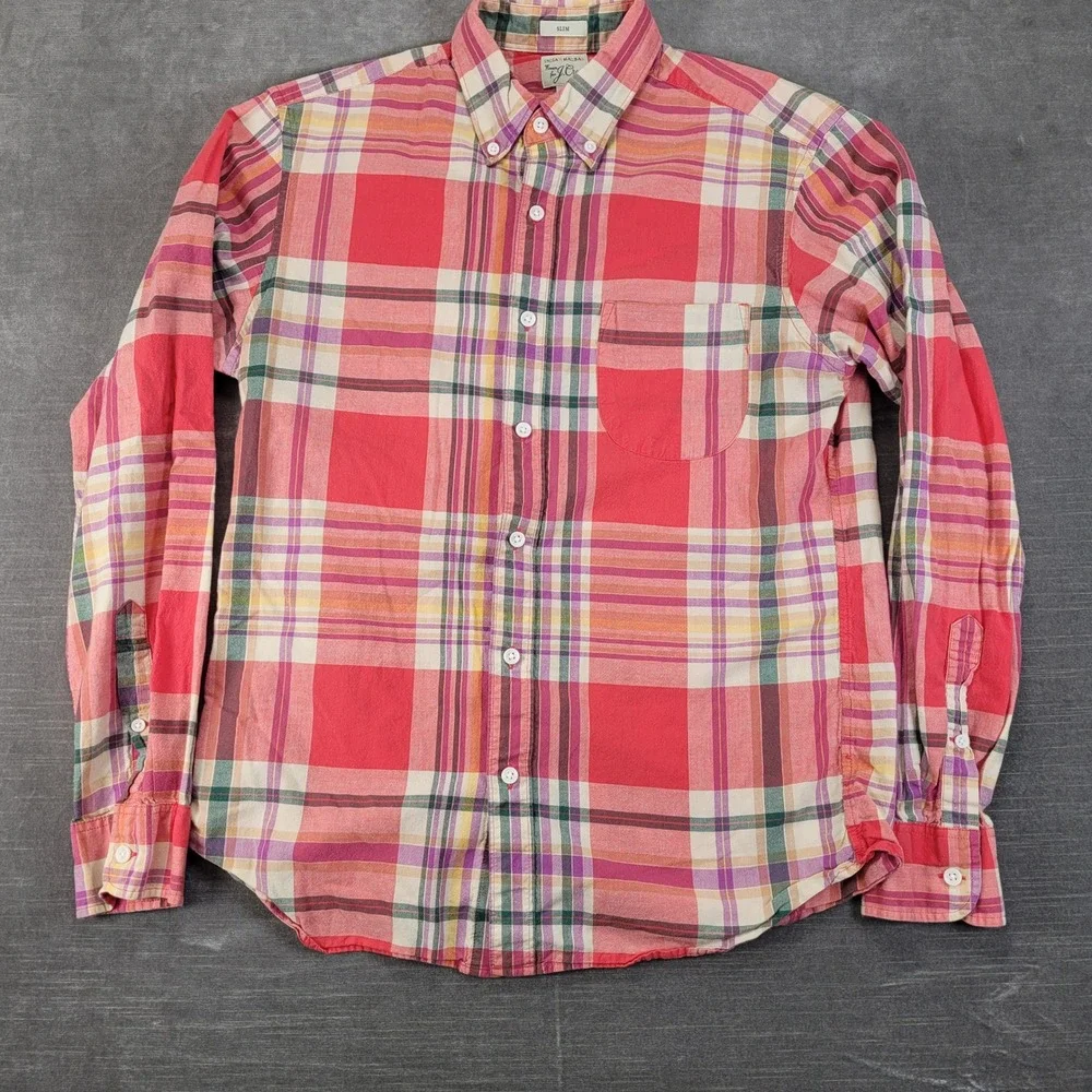 J.Crew Y2K Mens Indian Madras Slim Fit Plaid Button Down Shirt Red Pink Medium M